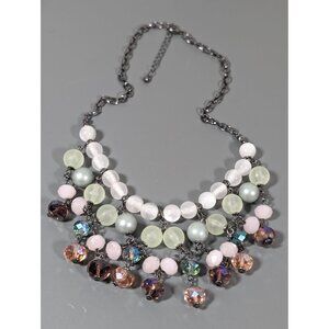 Green White Moonglow Pink Glass Bead Bib Woven Collar Statement Necklace Boho 19